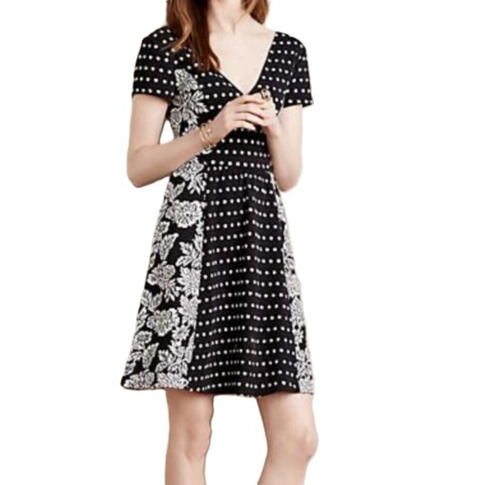 Maeve Polka Dot Floral Dress Anthropologie Knit Sweater Pockets V Neck Boho